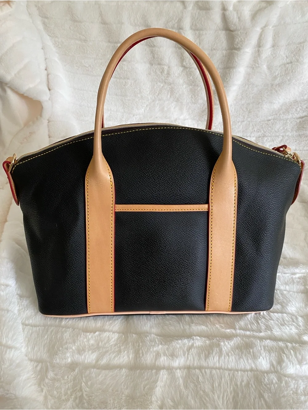 Dooney & Bourke Small Madeline Satchel in Black and Tan Leather w/ Strap